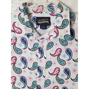 Cremieux Shirt Mens Large White Paisley Button Up Short Sleeve Stretch NEW